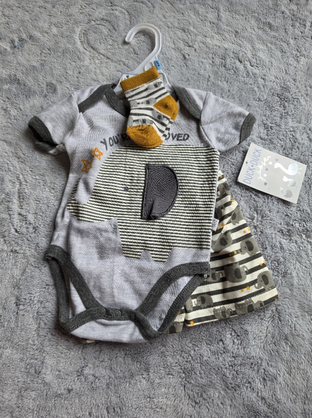 Gray Elephant Baby Bodysuit Set with Striped Mustard Socks